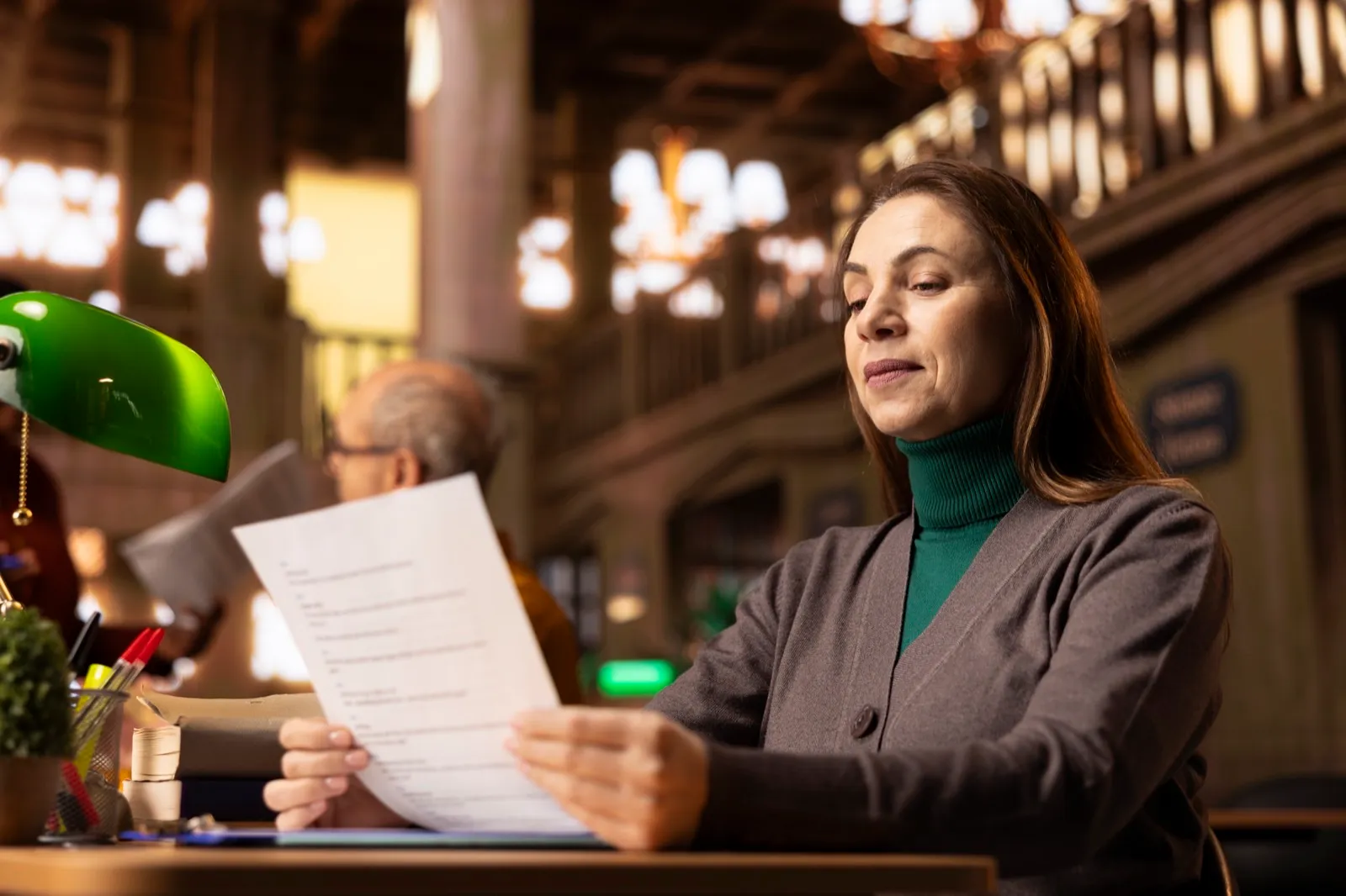 Woman carefully reviewing financial documents at a desk