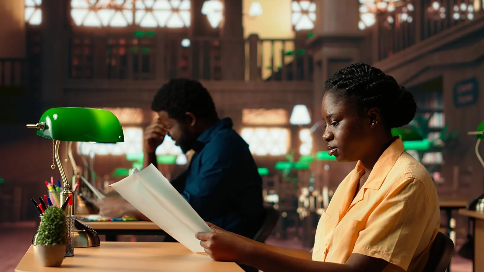 Two people reviewing papers quietly in a library setting