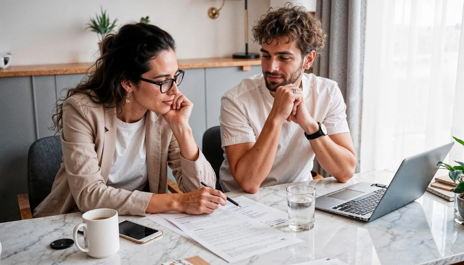 Cohabiting couple reviewing paperwork at home, thinking about what would happen if they die without a Will.